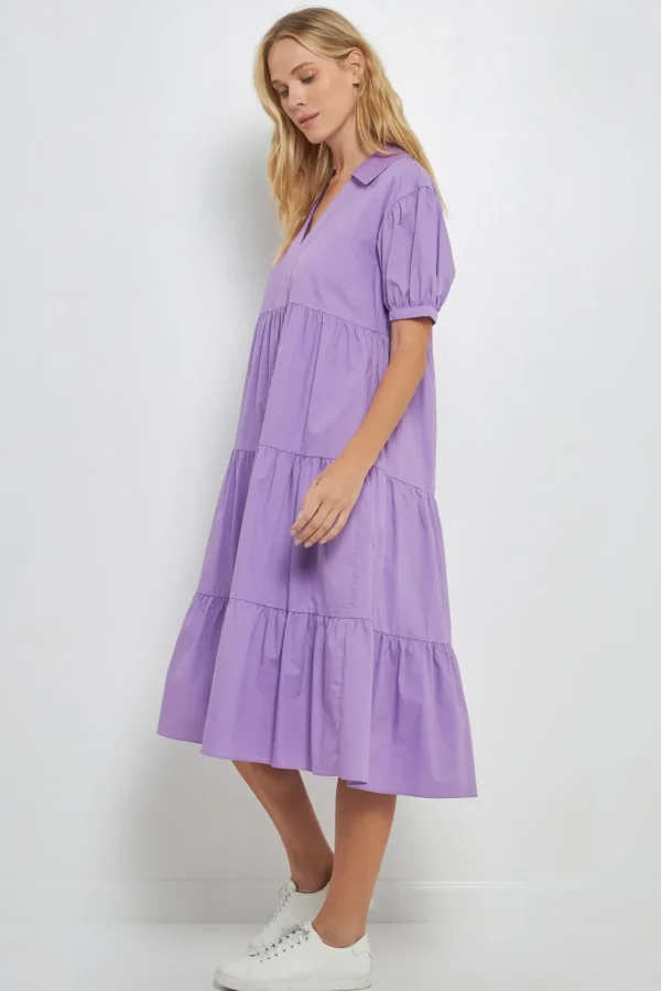 ENGLISH FACTORY Tops*- Short Puff Sleeve V-Neck Midi Dress