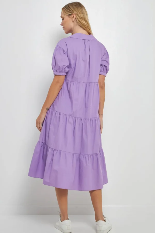 ENGLISH FACTORY Tops*- Short Puff Sleeve V-Neck Midi Dress