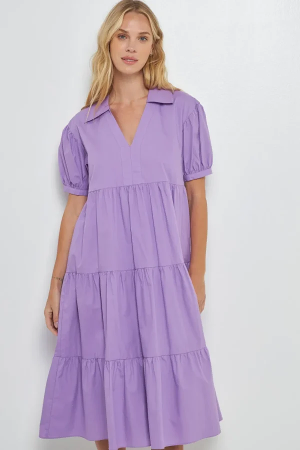 ENGLISH FACTORY Tops*- Short Puff Sleeve V-Neck Midi Dress