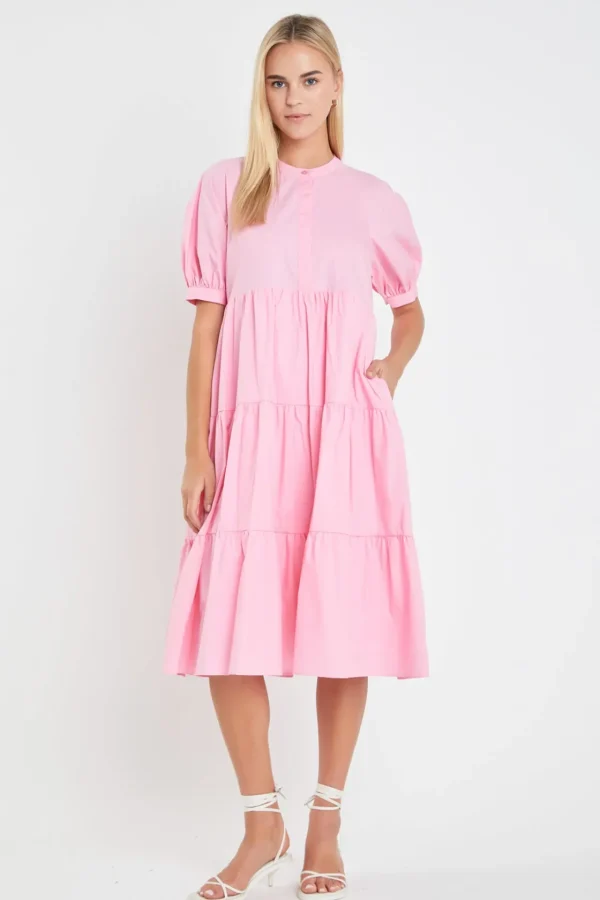 ENGLISH FACTORY Tops*- Short Puff Sleeve Midi Dress