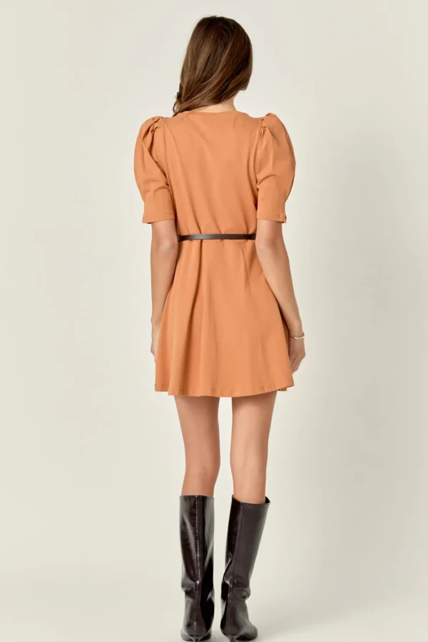 ENGLISH FACTORY Tops*- Short Puff Sleeve Mini Dress BROWN