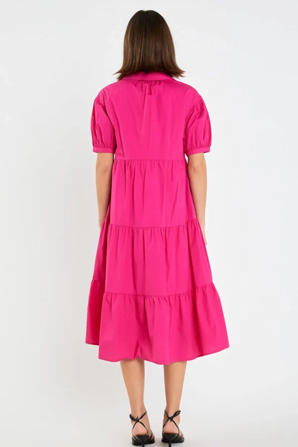 ENGLISH FACTORY Tops*- Short Puff Sleeve V-Neck Midi Dress