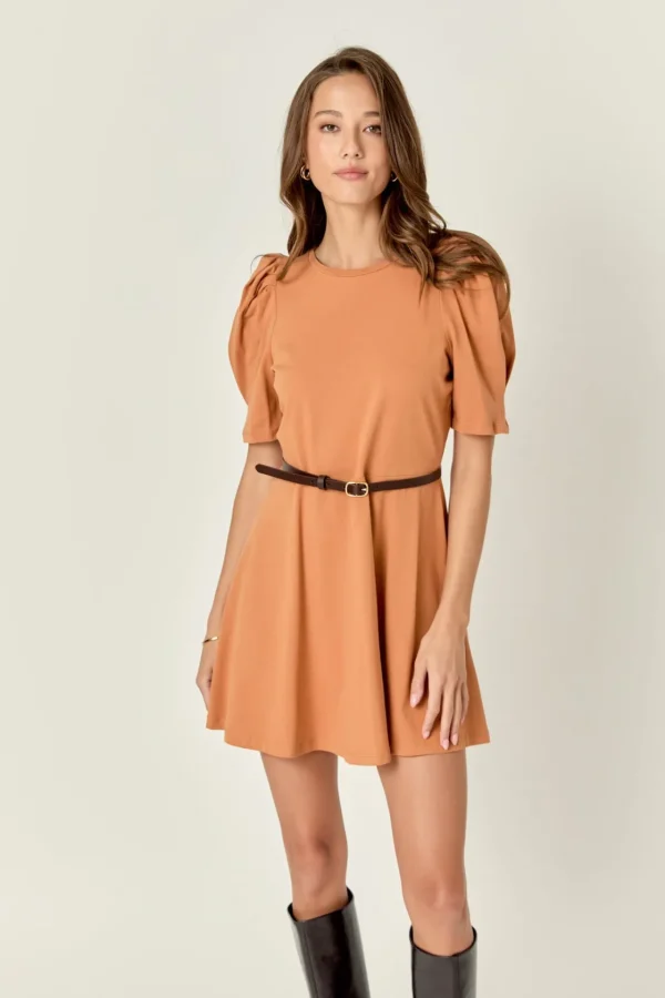 ENGLISH FACTORY Tops*- Short Puff Sleeve Mini Dress BROWN