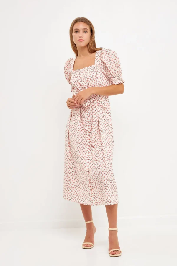 ENGLISH FACTORY Tops*- Short Puff Sleeve Floral Midi Dress WHITE/PINK