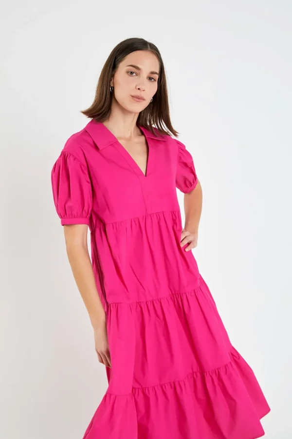 ENGLISH FACTORY Tops*- Short Puff Sleeve V-Neck Midi Dress