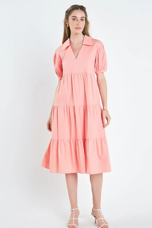 ENGLISH FACTORY Tops*- Short Puff Sleeve V-Neck Midi Dress