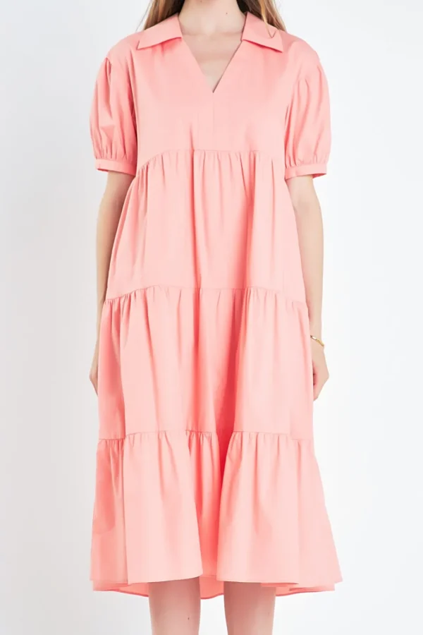 ENGLISH FACTORY Tops*- Short Puff Sleeve V-Neck Midi Dress