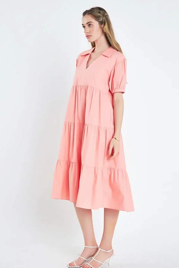 ENGLISH FACTORY Tops*- Short Puff Sleeve V-Neck Midi Dress
