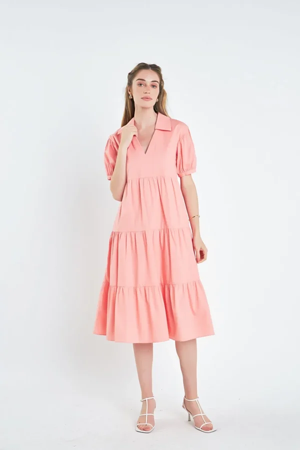 ENGLISH FACTORY Tops*- Short Puff Sleeve V-Neck Midi Dress