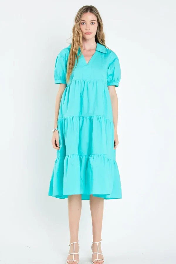 ENGLISH FACTORY Tops*- Short Puff Sleeve V-Neck Midi Dress