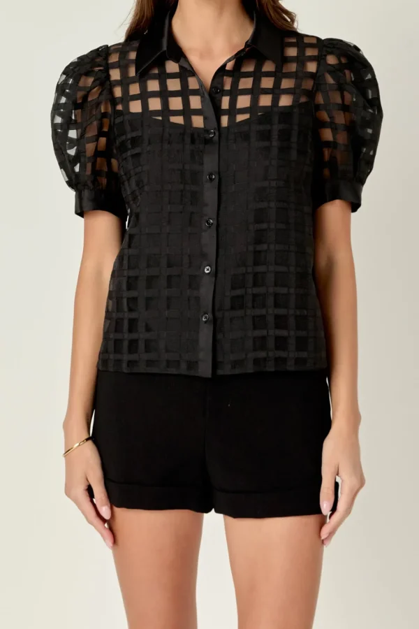 ENGLISH FACTORY Tops*- Short Sleeve Organza Grid Blouse