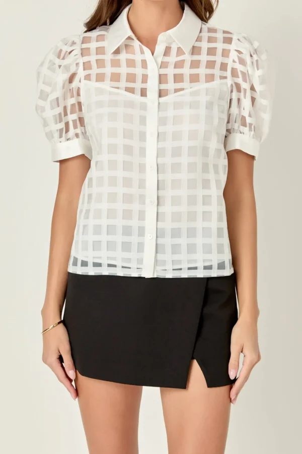 ENGLISH FACTORY Tops*- Short Sleeve Organza Grid Blouse