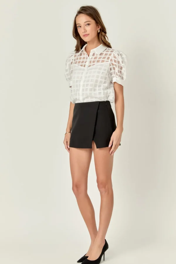 ENGLISH FACTORY Tops*- Short Sleeve Organza Grid Blouse