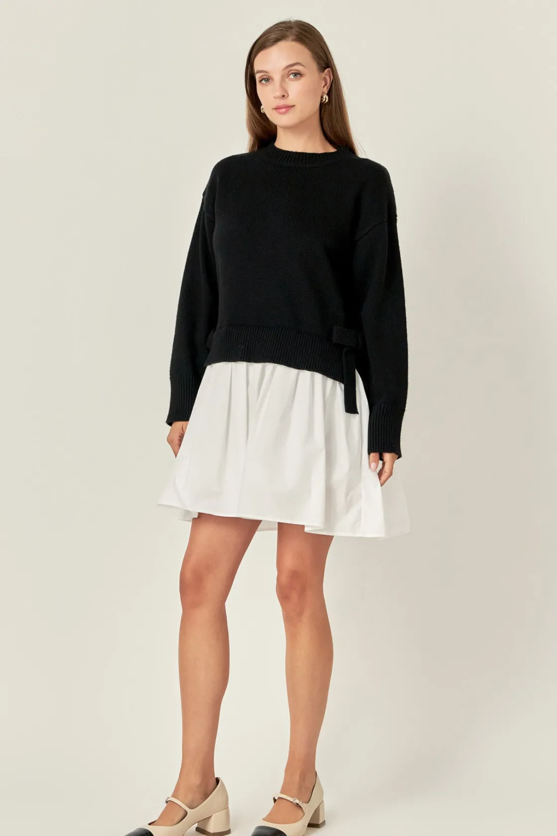 english_factory__side_tie_6.webp ENGLISH FACTORY Tops*- Side Tie Mixed Media Mini Dress