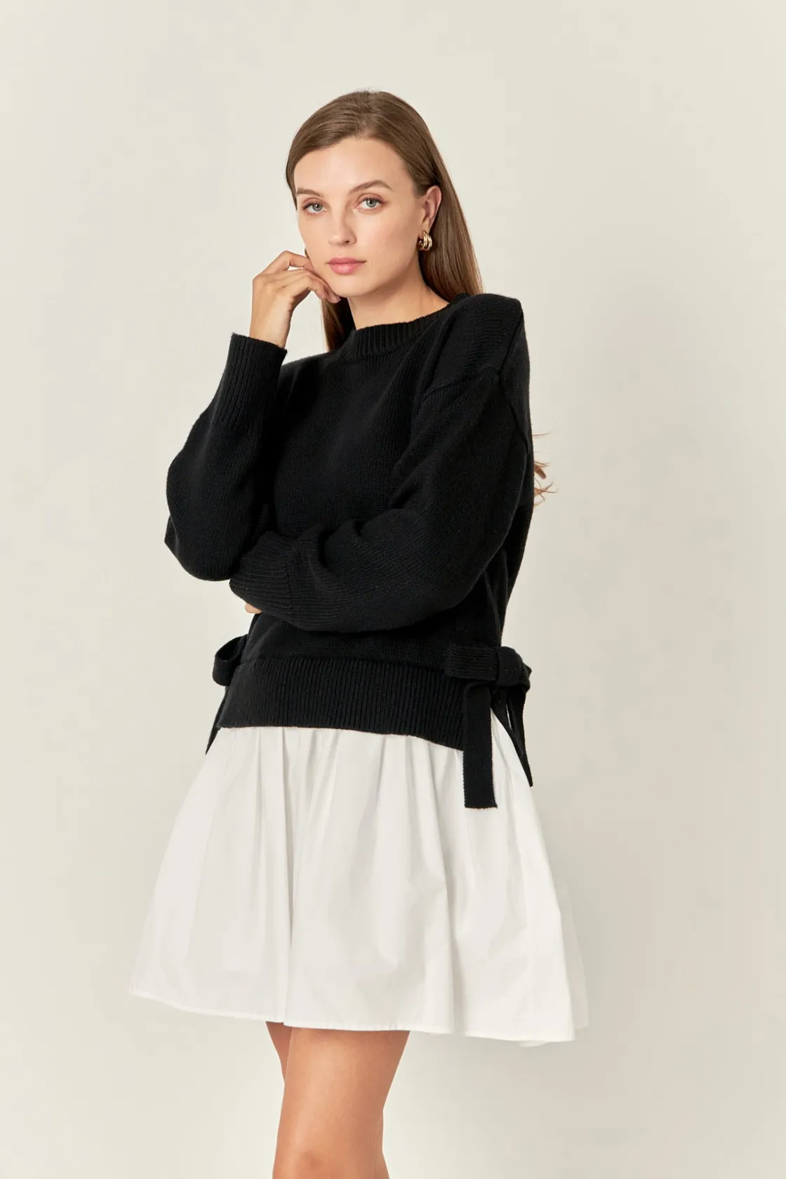 english_factory__side_tie_8.webp ENGLISH FACTORY Tops*- Side Tie Mixed Media Mini Dress