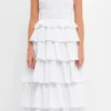 ENGLISH FACTORY Tops*- Smocked Bust Multi Ruffled Maxi Gown WHITE