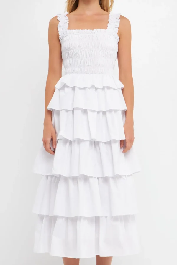 ENGLISH FACTORY Tops*- Smocked Bust Multi Ruffled Maxi Gown WHITE