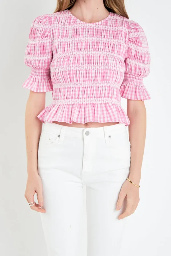 ENGLISH FACTORY Tops*- Smocked Gingham Top PINK