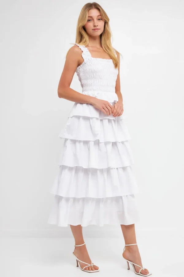 ENGLISH FACTORY Tops*- Smocked Bust Multi Ruffled Maxi Gown WHITE