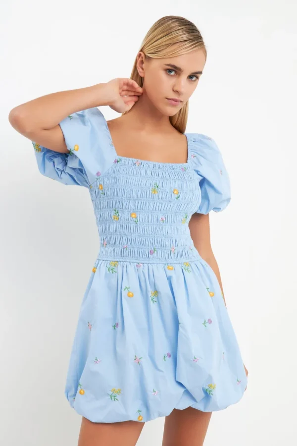 ENGLISH FACTORY Tops*- Smocked Dress with Balloon Sleeves