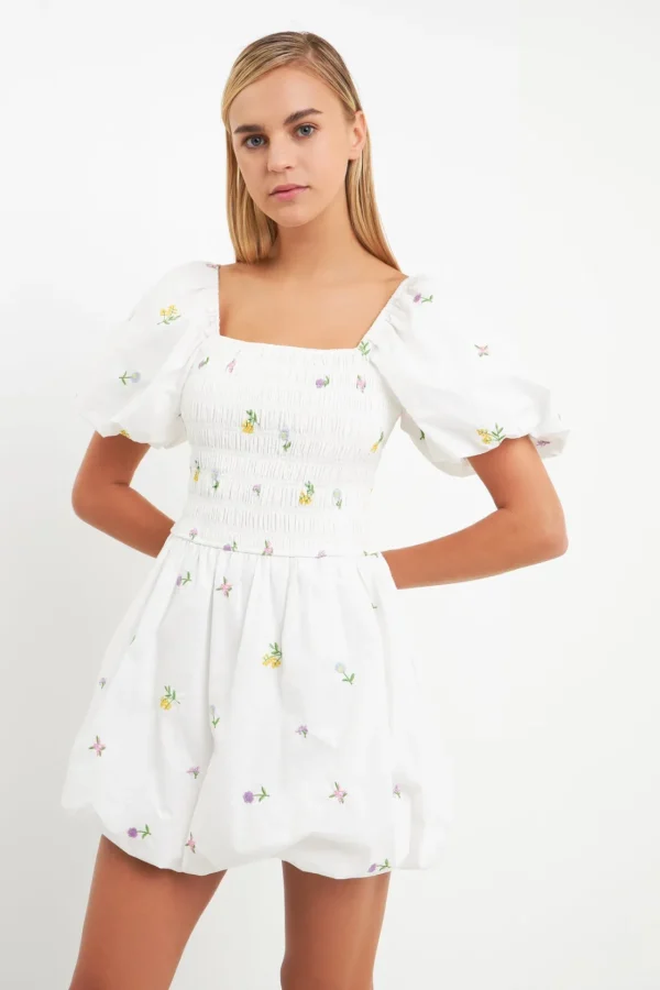 ENGLISH FACTORY Tops*- Smocked Dress with Balloon Sleeves