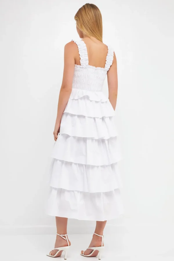 ENGLISH FACTORY Tops*- Smocked Bust Multi Ruffled Maxi Gown WHITE