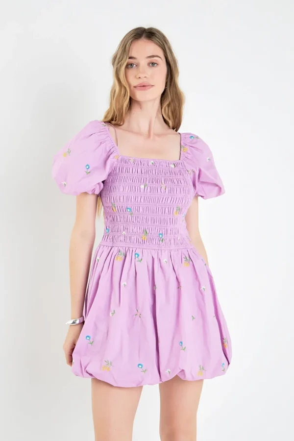 ENGLISH FACTORY Tops*- Smocked Dress with Balloon Sleeves