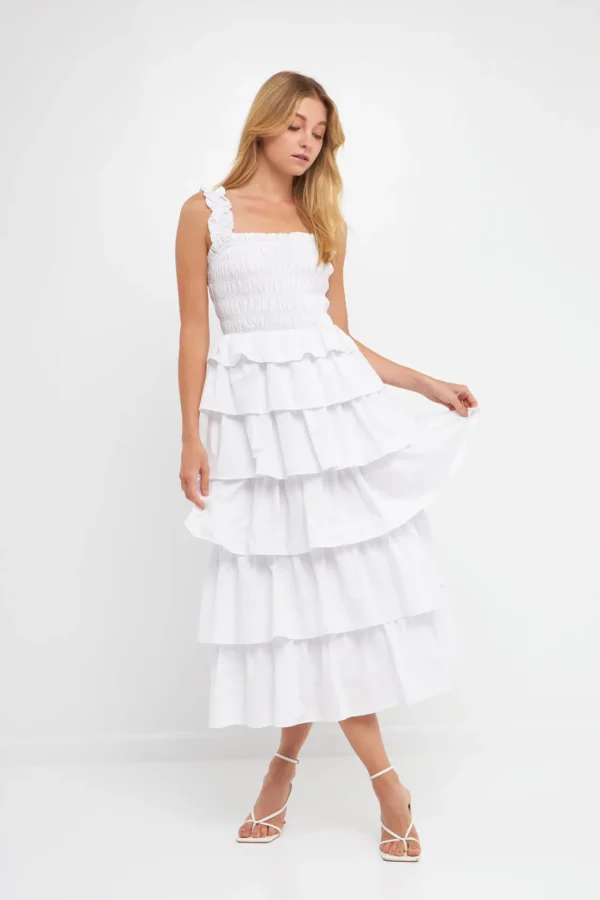 ENGLISH FACTORY Tops*- Smocked Bust Multi Ruffled Maxi Gown WHITE