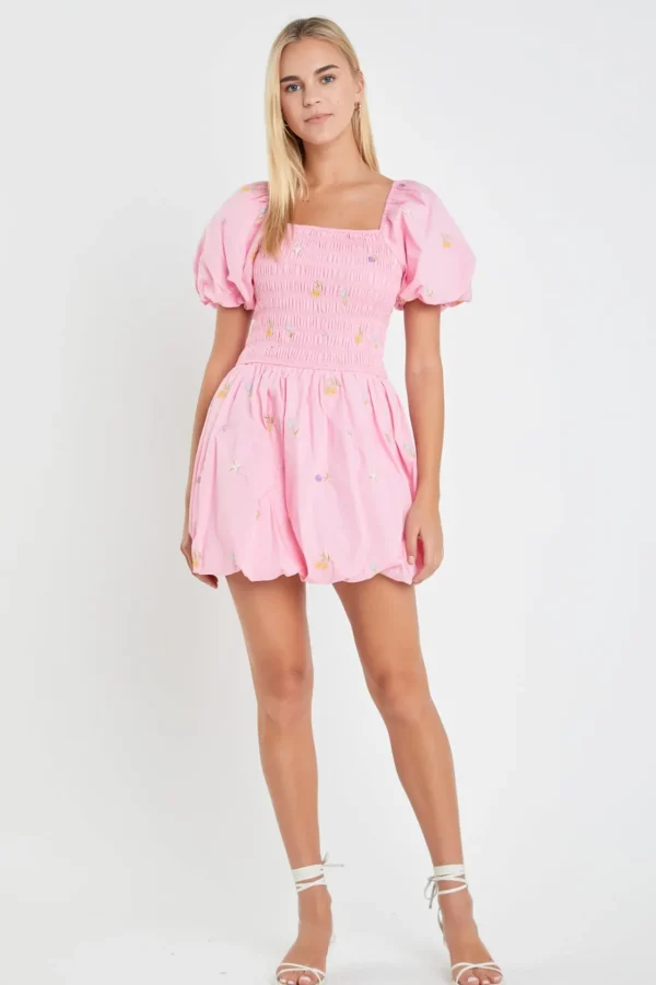 ENGLISH FACTORY Tops*- Smocked Dress with Balloon Sleeves