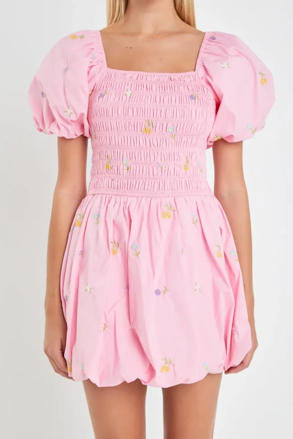 ENGLISH FACTORY Tops*- Smocked Dress with Balloon Sleeves