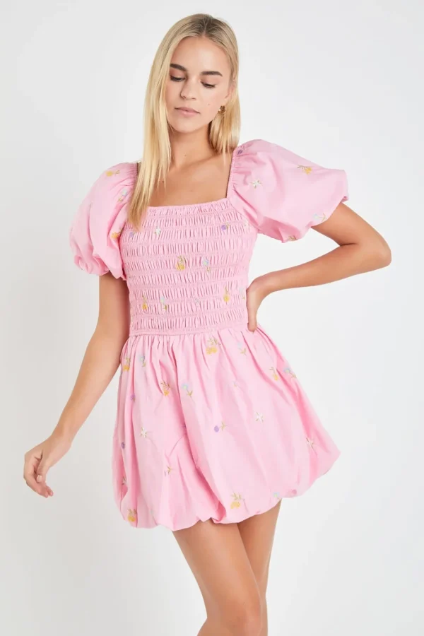 ENGLISH FACTORY Tops*- Smocked Dress with Balloon Sleeves