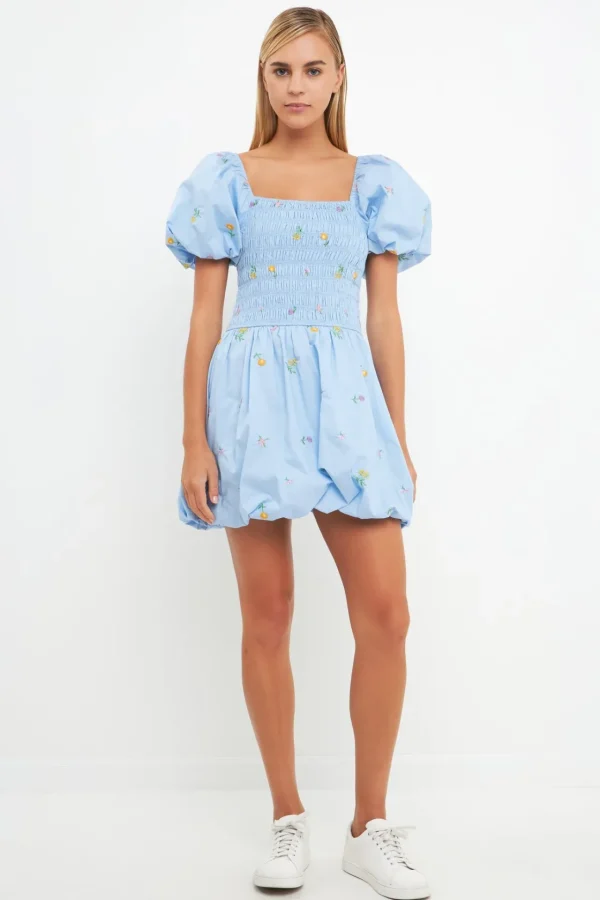 ENGLISH FACTORY Tops*- Smocked Dress with Balloon Sleeves