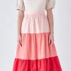 ENGLISH FACTORY Tops*- SPO Color Block Puff Sleeve Tiered Midi Dress MULTI