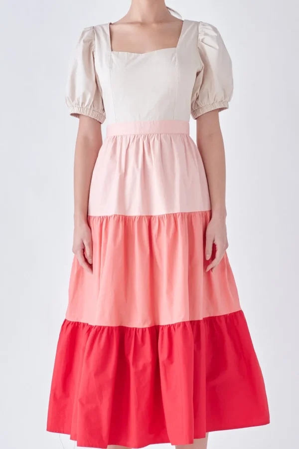 ENGLISH FACTORY Tops*- SPO Color Block Puff Sleeve Tiered Midi Dress MULTI