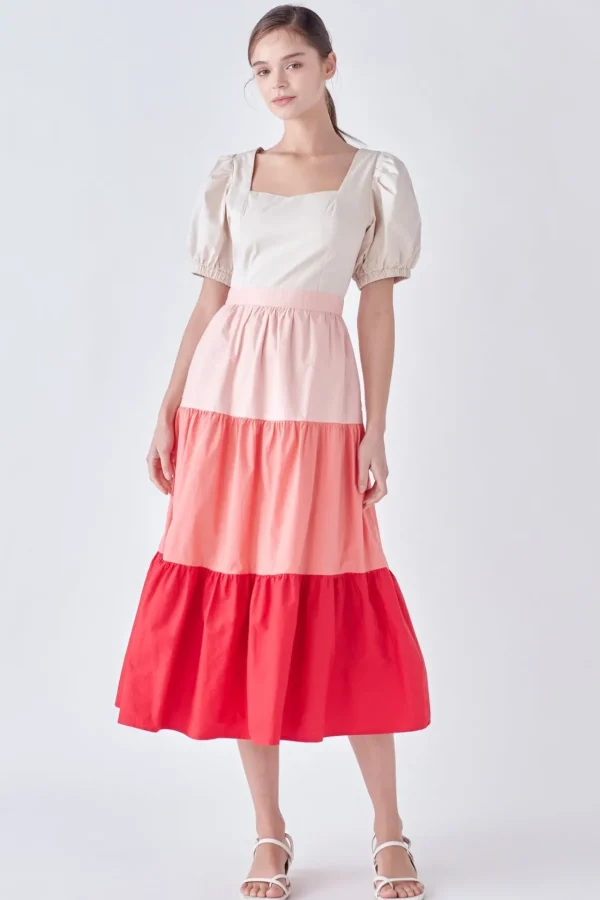ENGLISH FACTORY Tops*- SPO Color Block Puff Sleeve Tiered Midi Dress MULTI