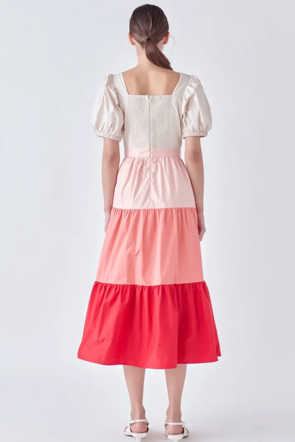 ENGLISH FACTORY Tops*- SPO Color Block Puff Sleeve Tiered Midi Dress MULTI