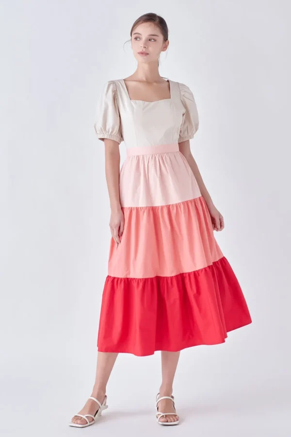 ENGLISH FACTORY Tops*- SPO Color Block Puff Sleeve Tiered Midi Dress MULTI