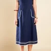 ENGLISH FACTORY Tops*- Square Neckline Midi Dress NAVY/WHITE