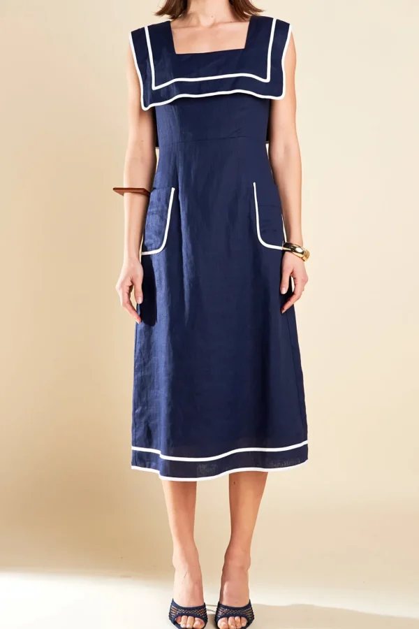 ENGLISH FACTORY Tops*- Square Neckline Midi Dress NAVY/WHITE