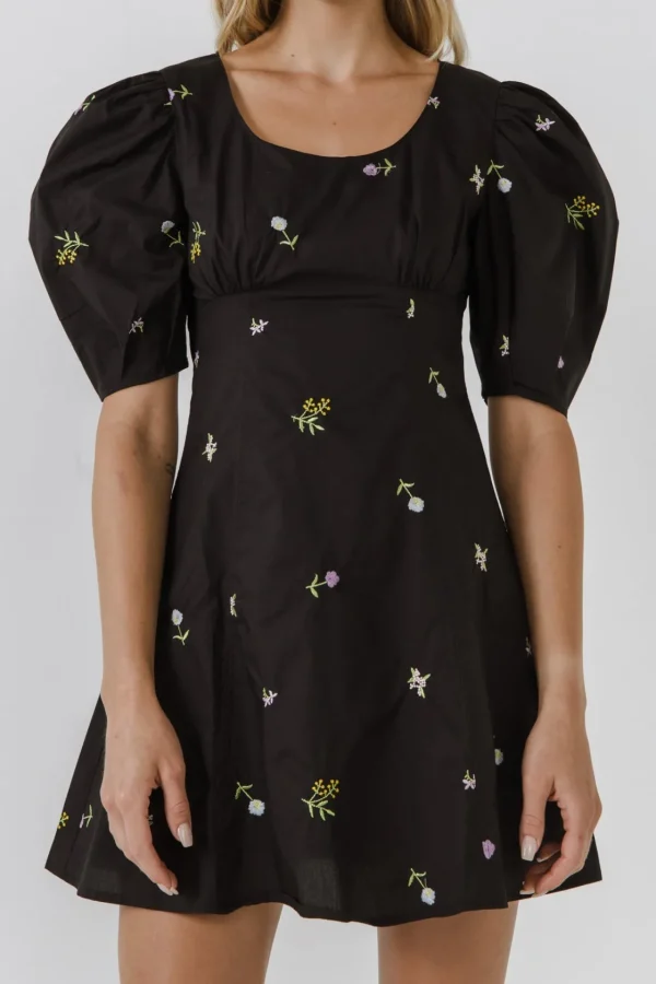 ENGLISH FACTORY Tops*- Square Neck Floral Embroidery Mini dress BLACKMULTI