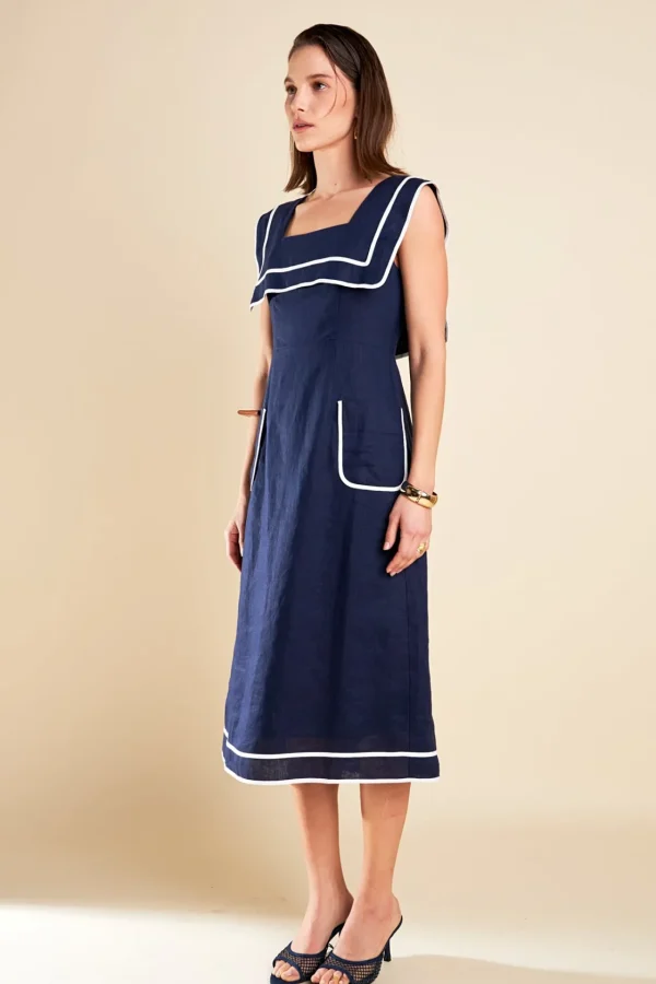 ENGLISH FACTORY Tops*- Square Neckline Midi Dress NAVY/WHITE