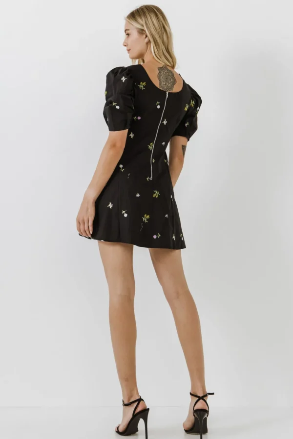 ENGLISH FACTORY Tops*- Square Neck Floral Embroidery Mini dress BLACKMULTI