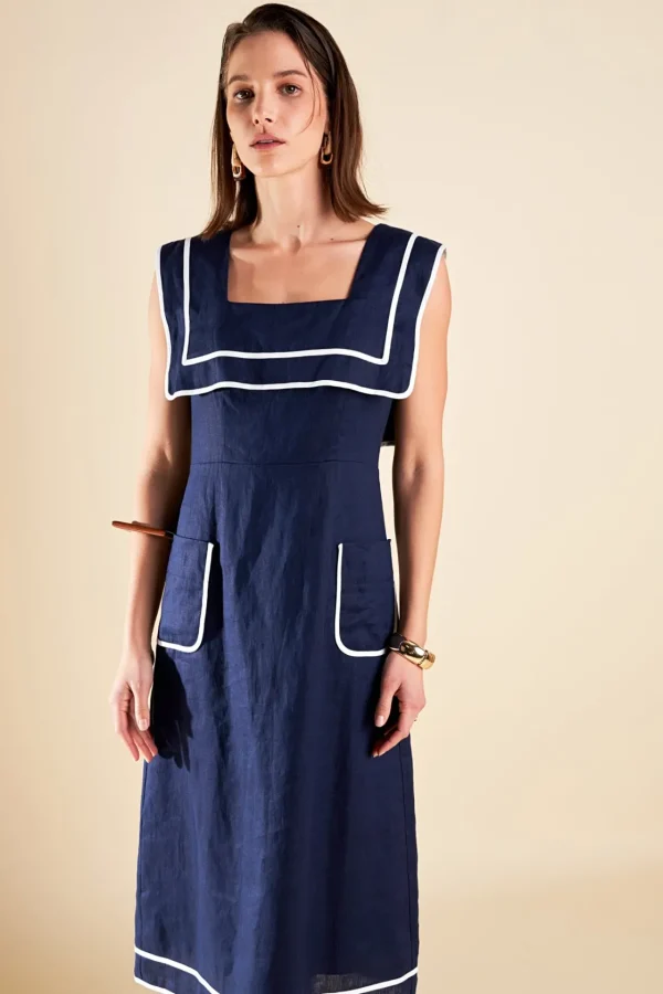 ENGLISH FACTORY Tops*- Square Neckline Midi Dress NAVY/WHITE