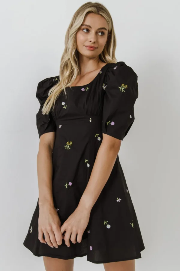 ENGLISH FACTORY Tops*- Square Neck Floral Embroidery Mini dress BLACKMULTI