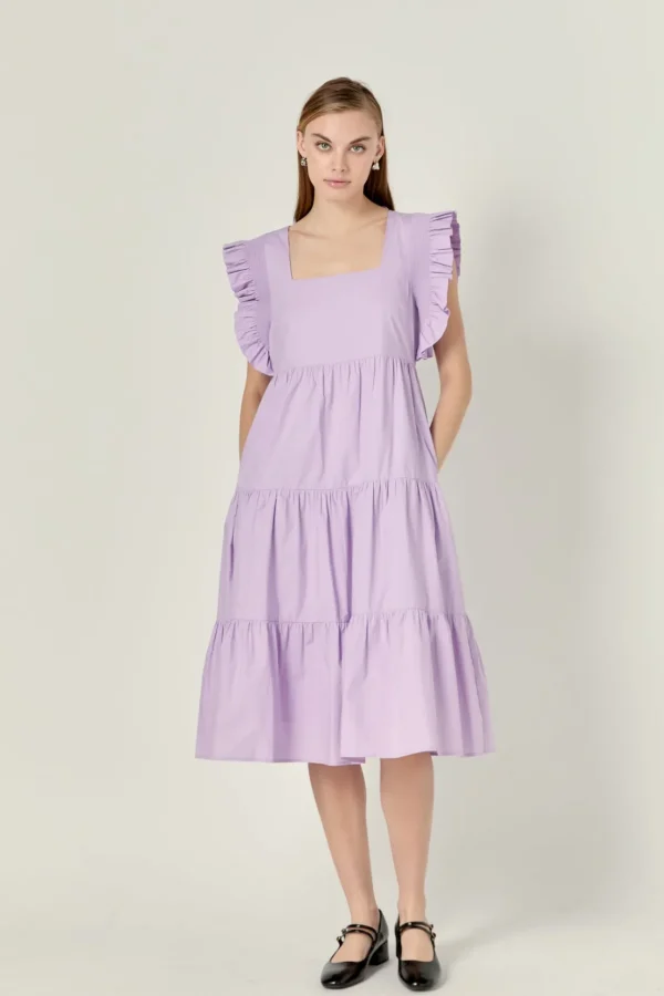 ENGLISH FACTORY Tops*- Square-Neck Tiered Midi Dress LILAC