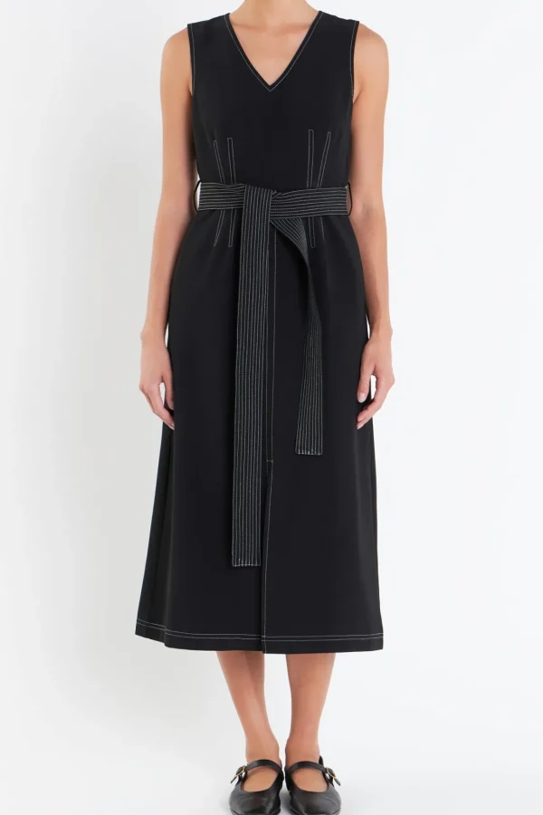 ENGLISH FACTORY Tops*- Stitch Detail Midi Dress BLACK