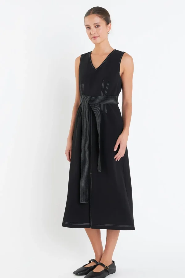 ENGLISH FACTORY Tops*- Stitch Detail Midi Dress BLACK