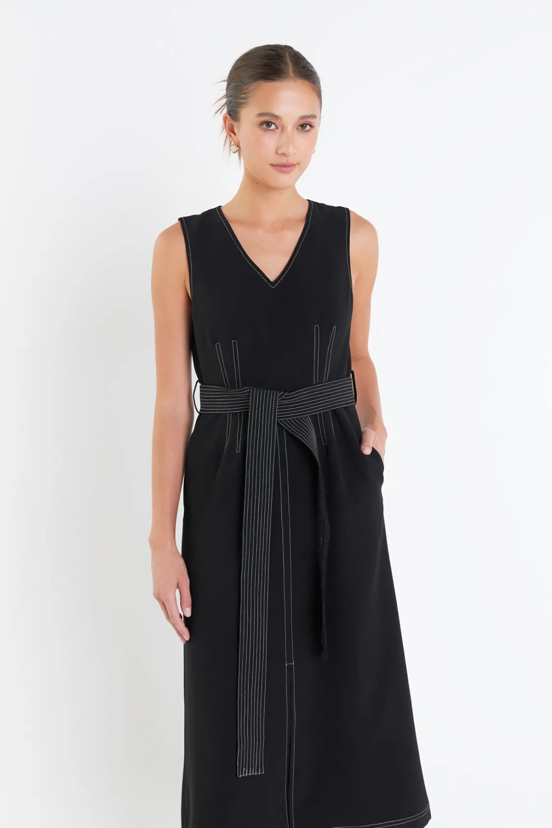 english_factory__stitch_d_3.webp ENGLISH FACTORY Tops*- Stitch Detail Midi Dress BLACK