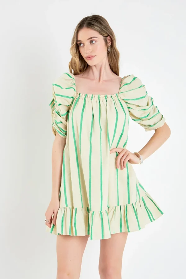 ENGLISH FACTORY Tops*- Stripe Babydoll Dress BEIGE/GREEN