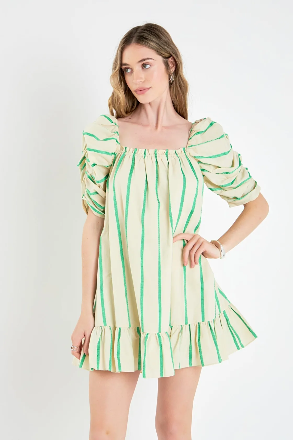 english_factory__stripe_b_3-1.webp ENGLISH FACTORY Tops*- Stripe Babydoll Dress BEIGE/GREEN